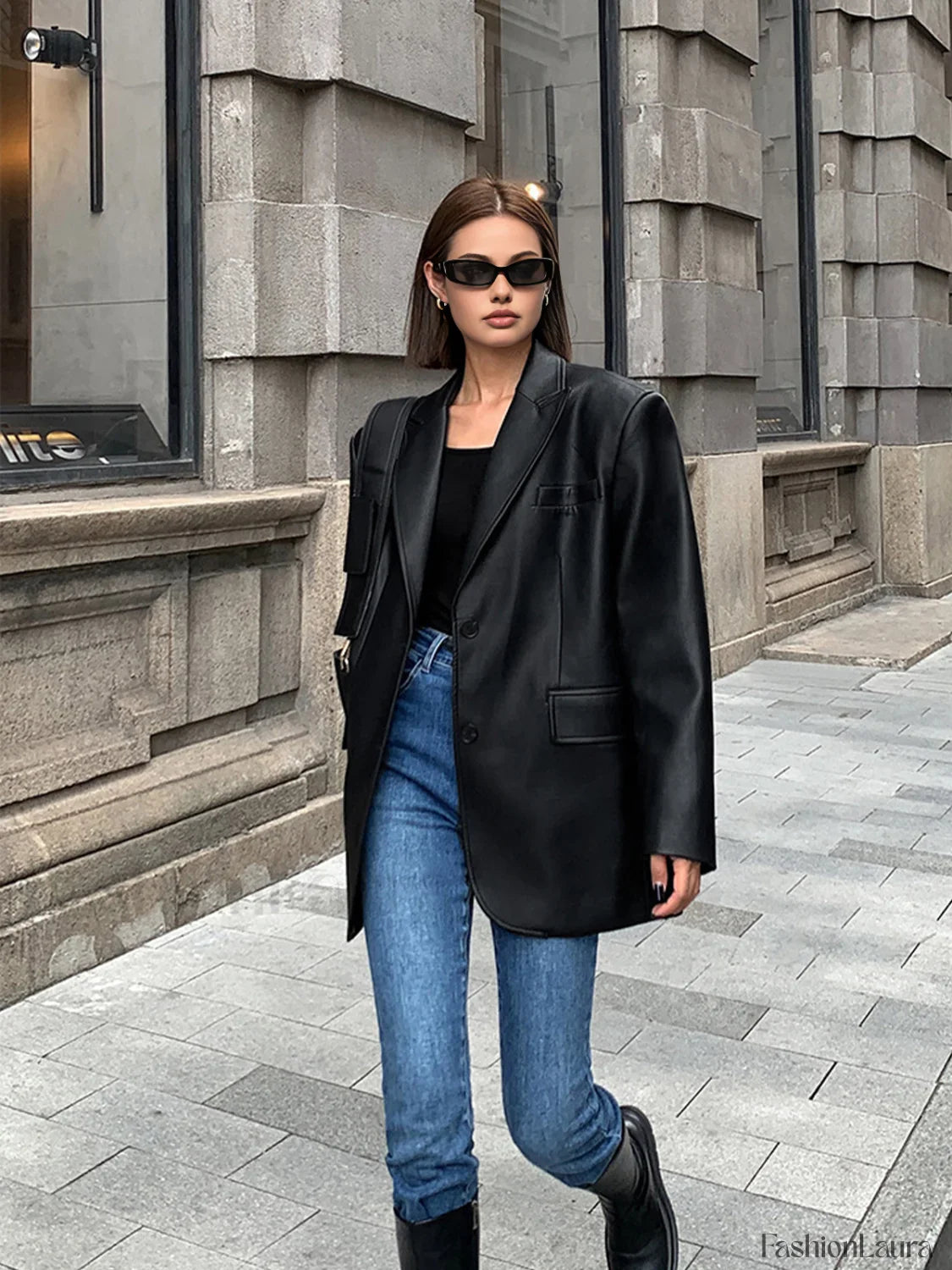 Lapel Pockets Leather Blazer