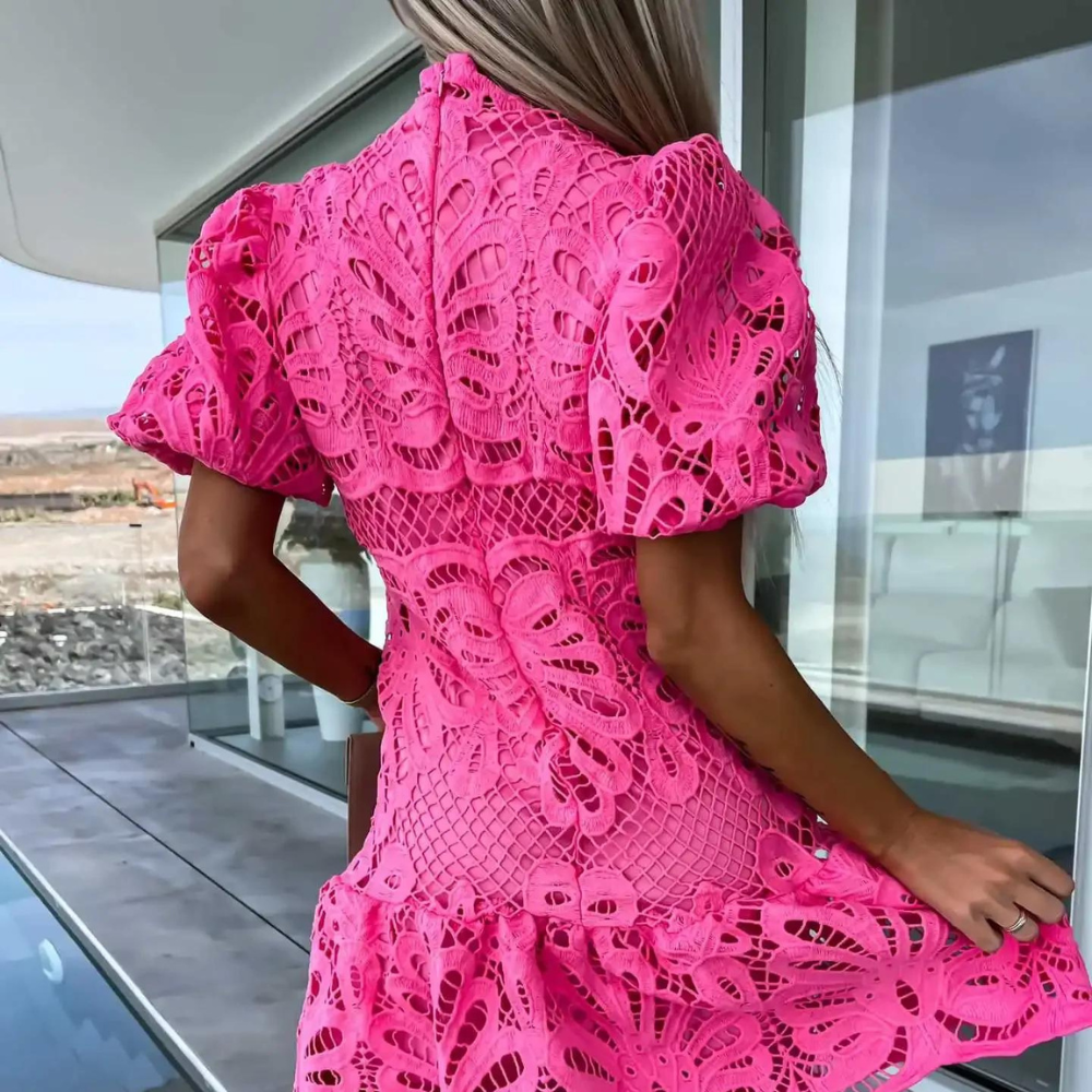 Crochet Lace High Neck Puff Sleeve Tiered Mini Dress 3