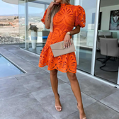 Crochet Lace High Neck Puff Sleeve Tiered Mini Dress