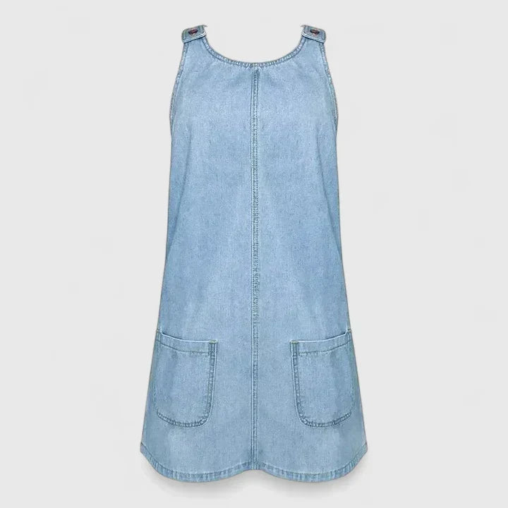 Denim Sleeveless Patch Pocket Pinafore Mini Dress