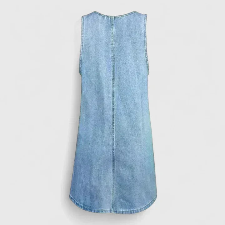 Denim Sleeveless Patch Pocket Pinafore Mini Dress