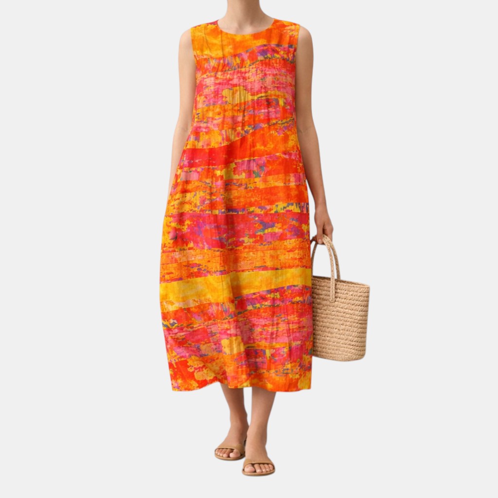 Tie Dye Print Round Neck Sleeveless Pocket Midi Dress