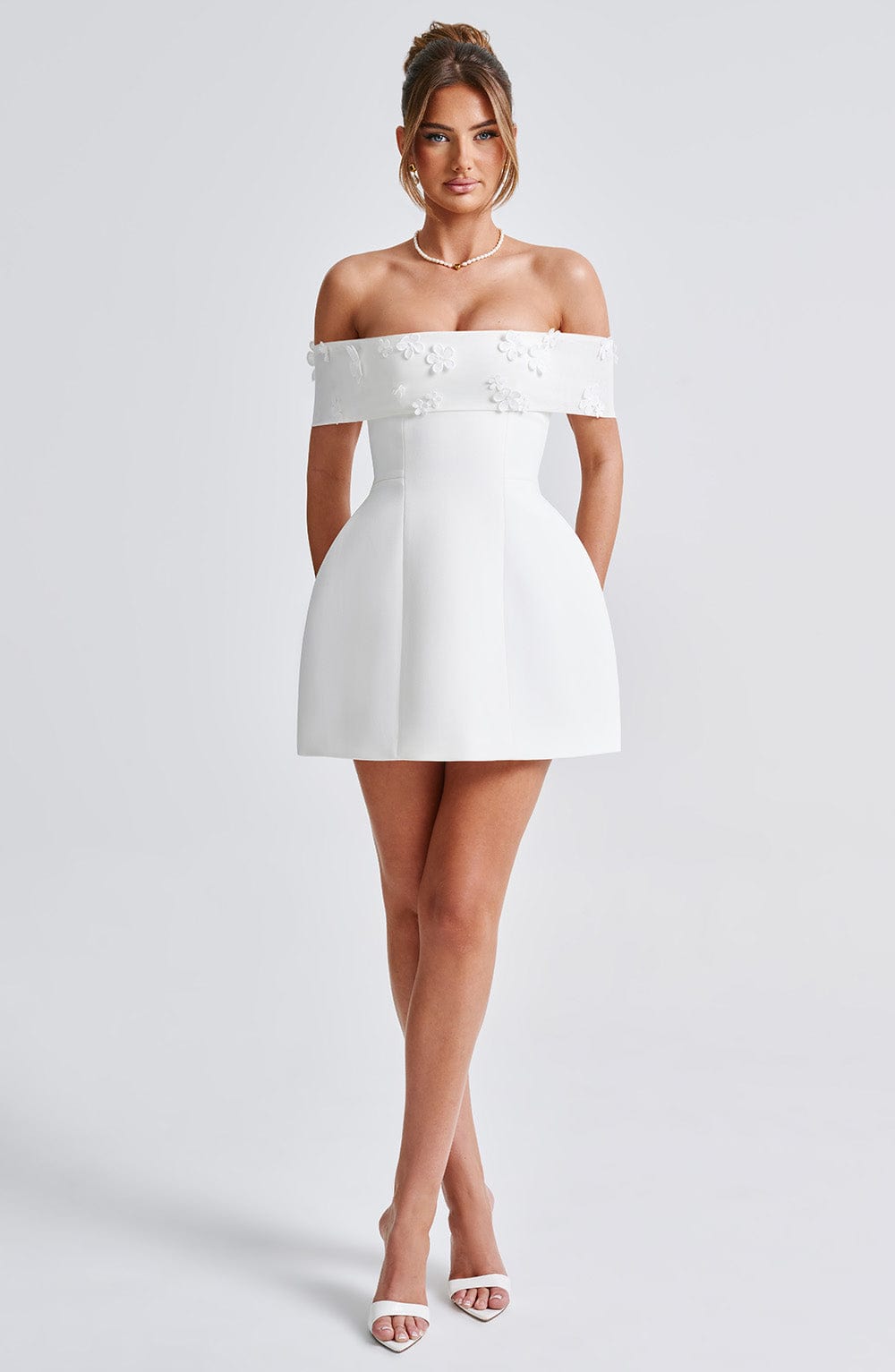 Off Shoulder 3D Floral Applique Fold Over Structured Mini Dress 6