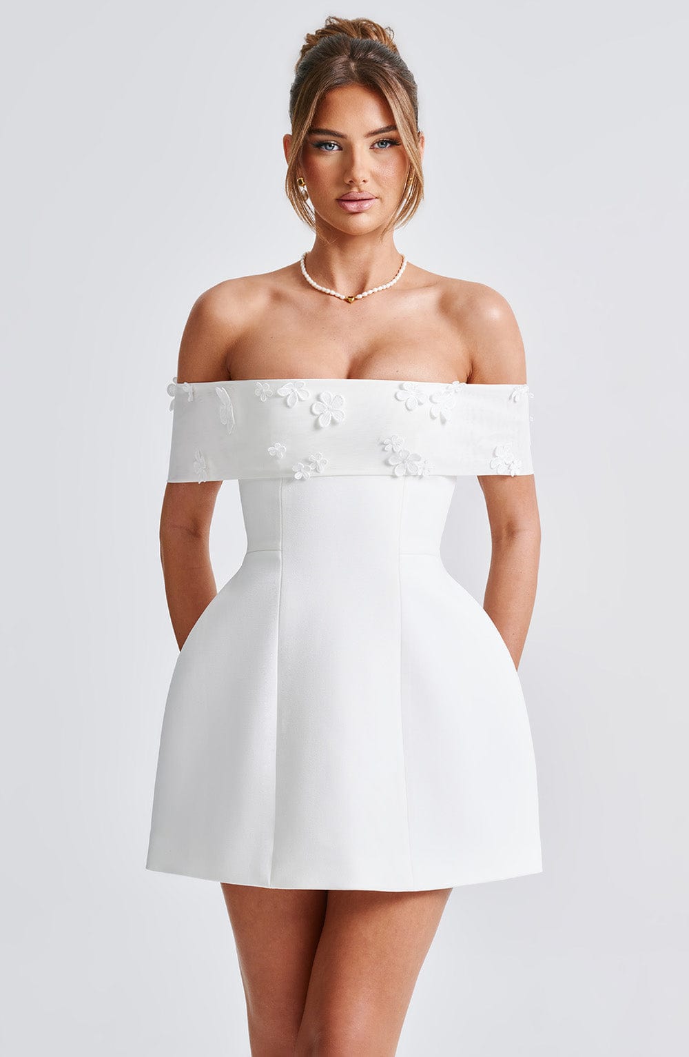 Off Shoulder 3D Floral Applique Fold Over Structured Mini Dress 5