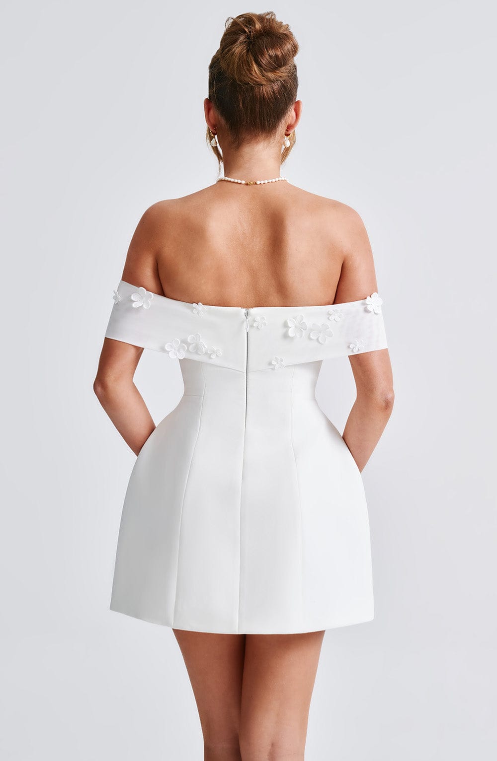 Off Shoulder 3D Floral Applique Fold Over Structured Mini Dress 3