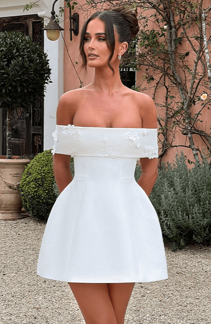 Off Shoulder 3D Floral Applique Fold Over Structured Mini Dress