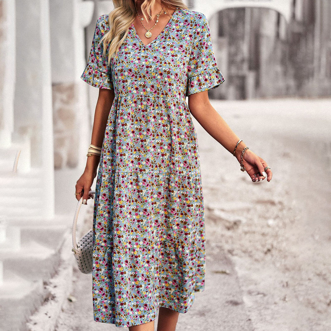 Ditsy Floral V-Neck Short Sleeve Tiered Midi Dress 5