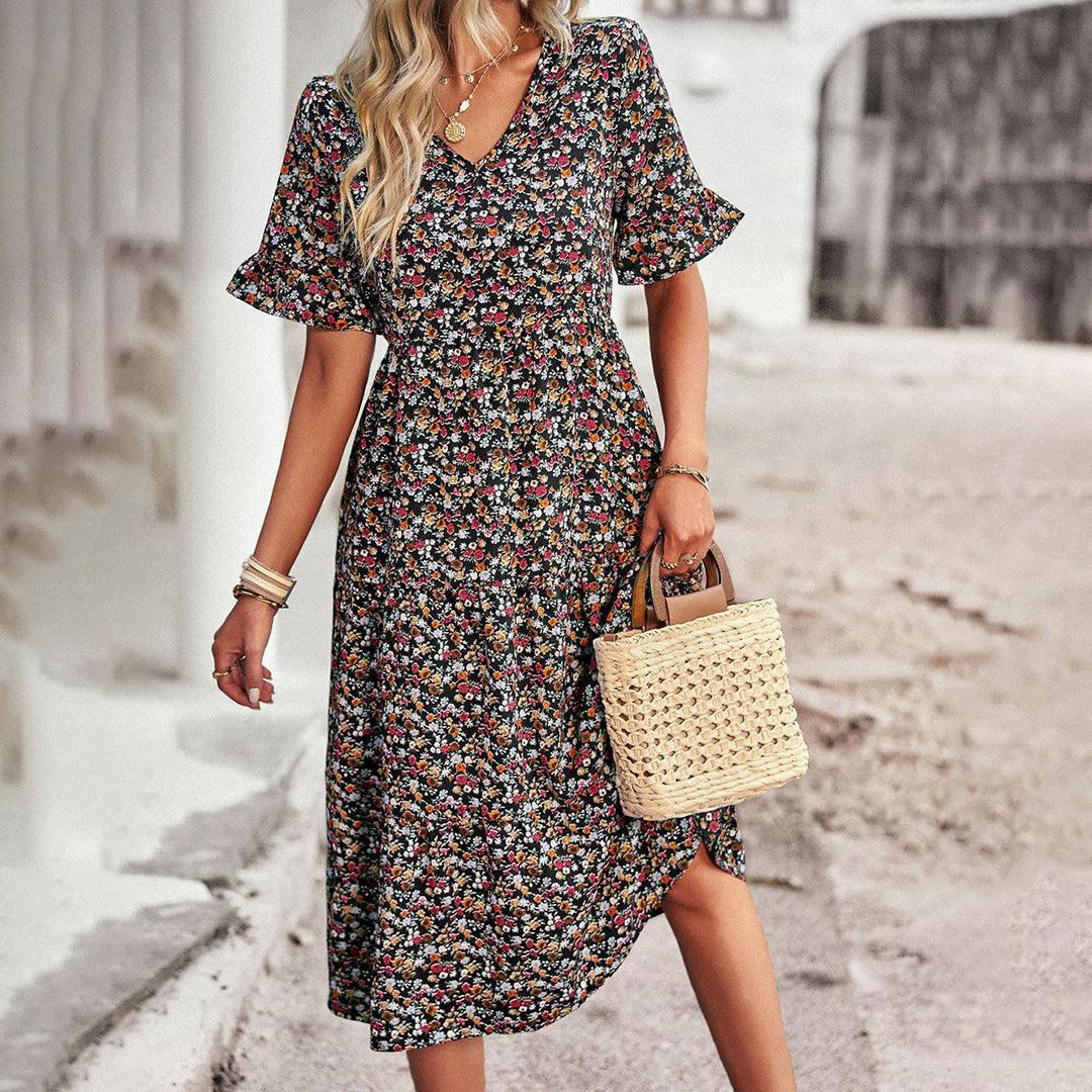 Ditsy Floral V-Neck Short Sleeve Tiered Midi Dress 2