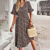 Ditsy Floral V-Neck Short Sleeve Tiered Midi Dress 2