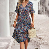 Ditsy Floral V-Neck Short Sleeve Tiered Midi Dress 3