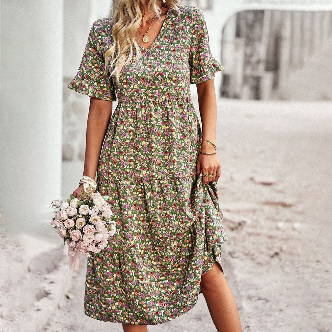 Ditsy Floral V-Neck Short Sleeve Tiered Midi Dress 4