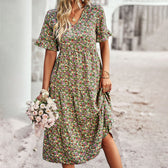 Ditsy Floral V-Neck Short Sleeve Tiered Midi Dress 4