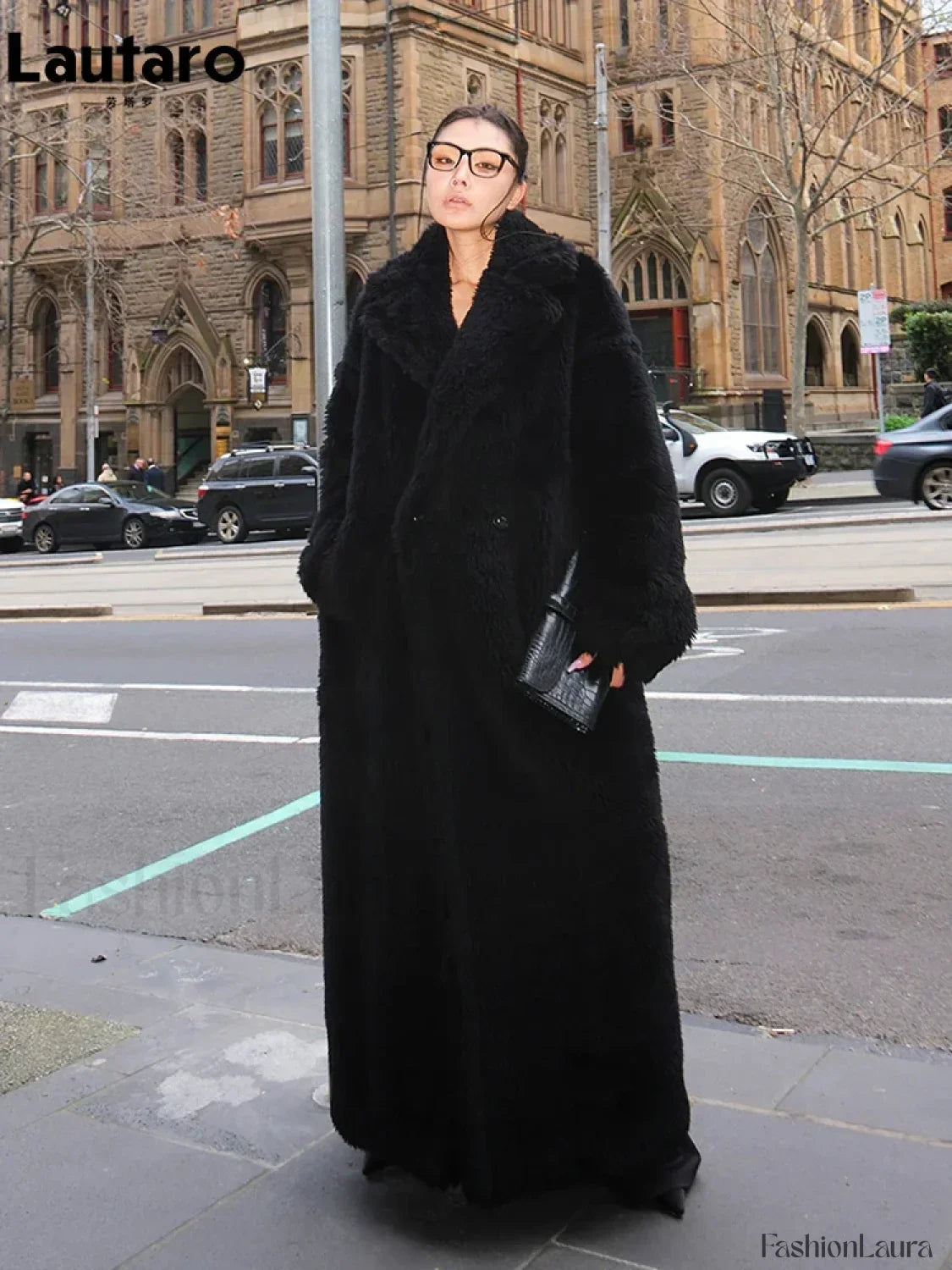 Lautaro Winter Extra Long Oversized Warm Thick Black Soft Fluffy Hairy Faux Fur Overcoats