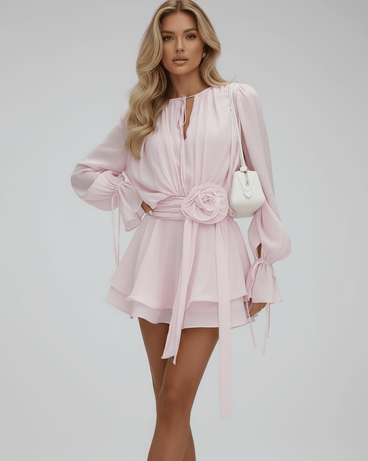 Chiffon Long Sleeve Rosette Appliqué Mini Dress 7