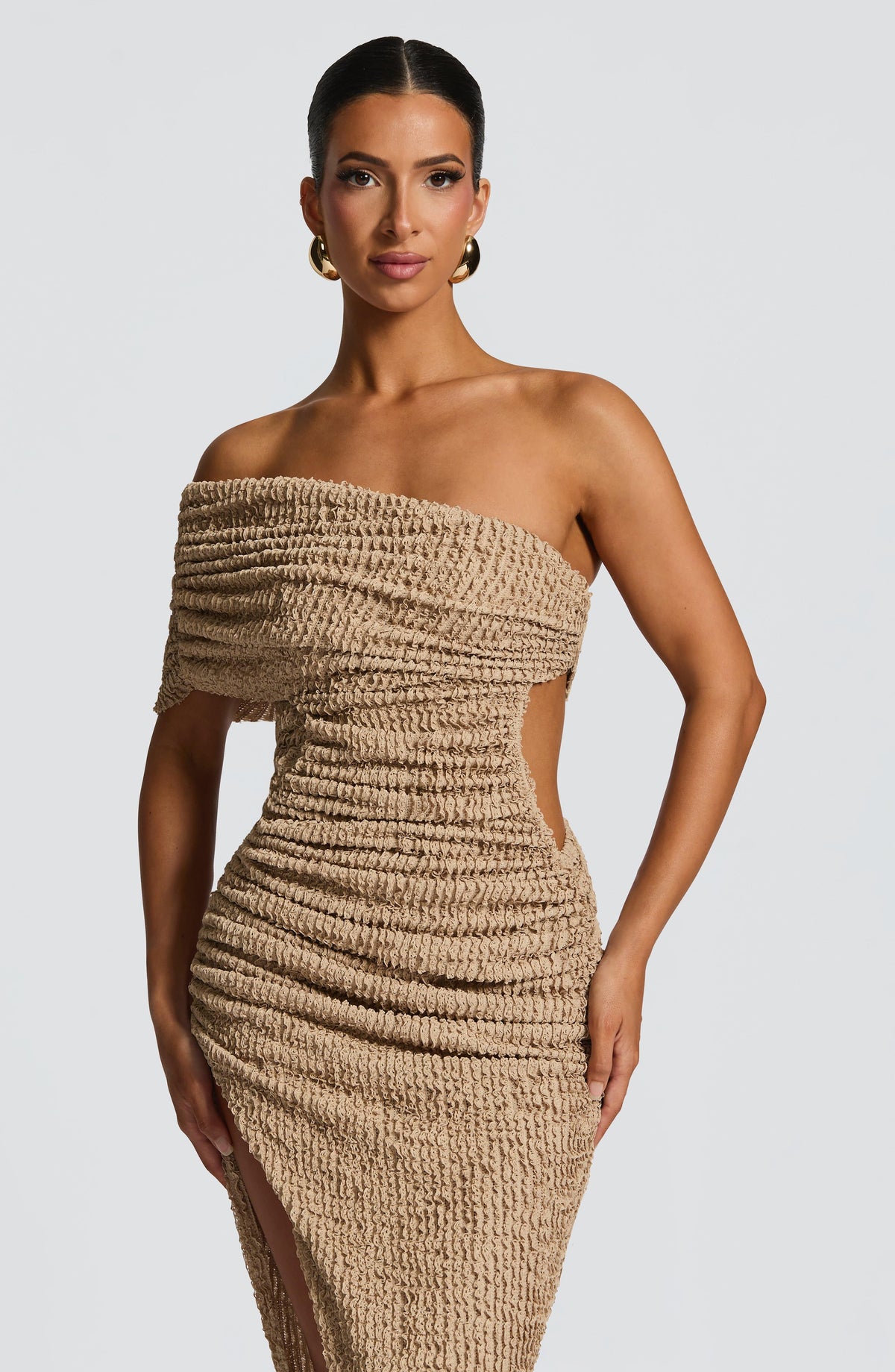 Textured Off Shoulder Ruched Cut Out High Split Maxi Dress 4