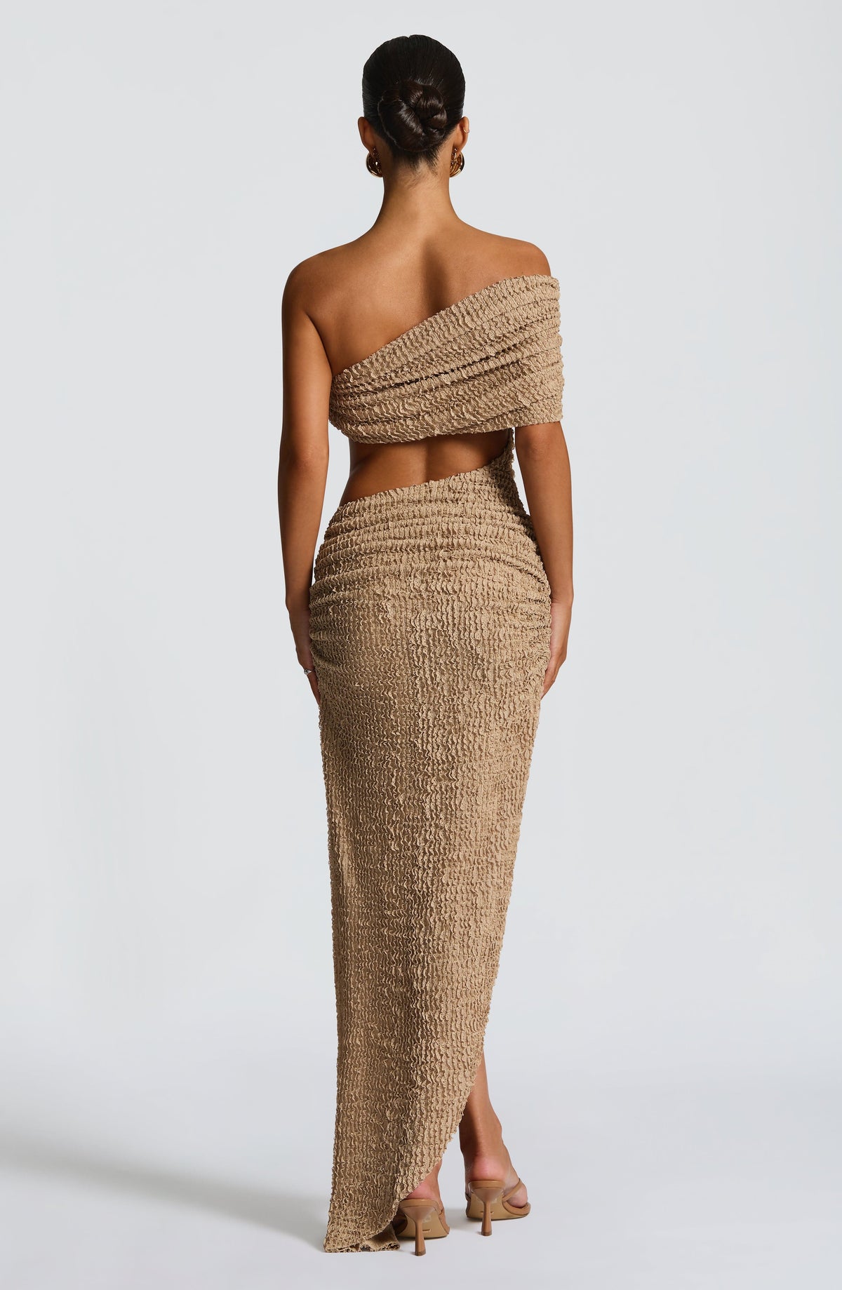 Textured Off Shoulder Ruched Cut Out High Split Maxi Dress 2