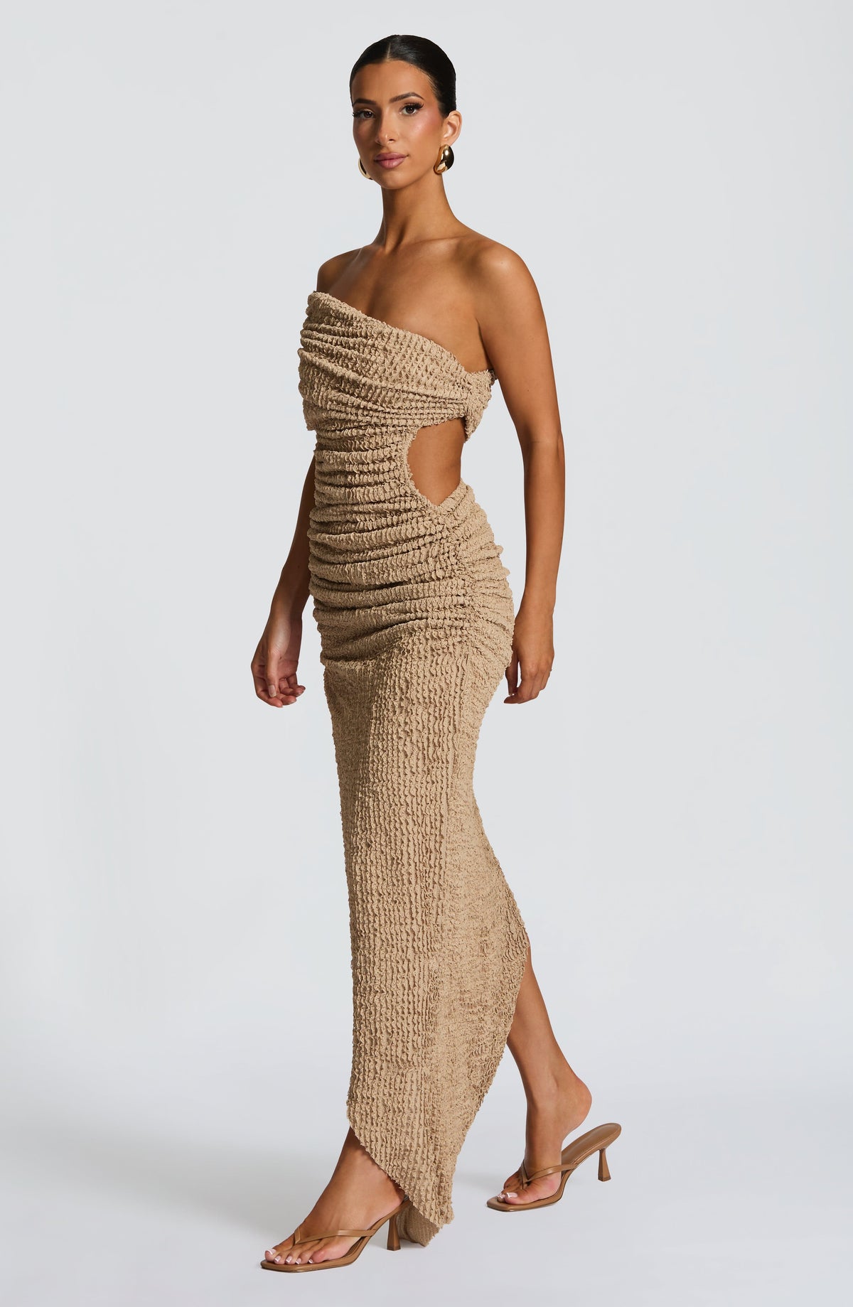 Textured Off Shoulder Ruched Cut Out High Split Maxi Dress 5