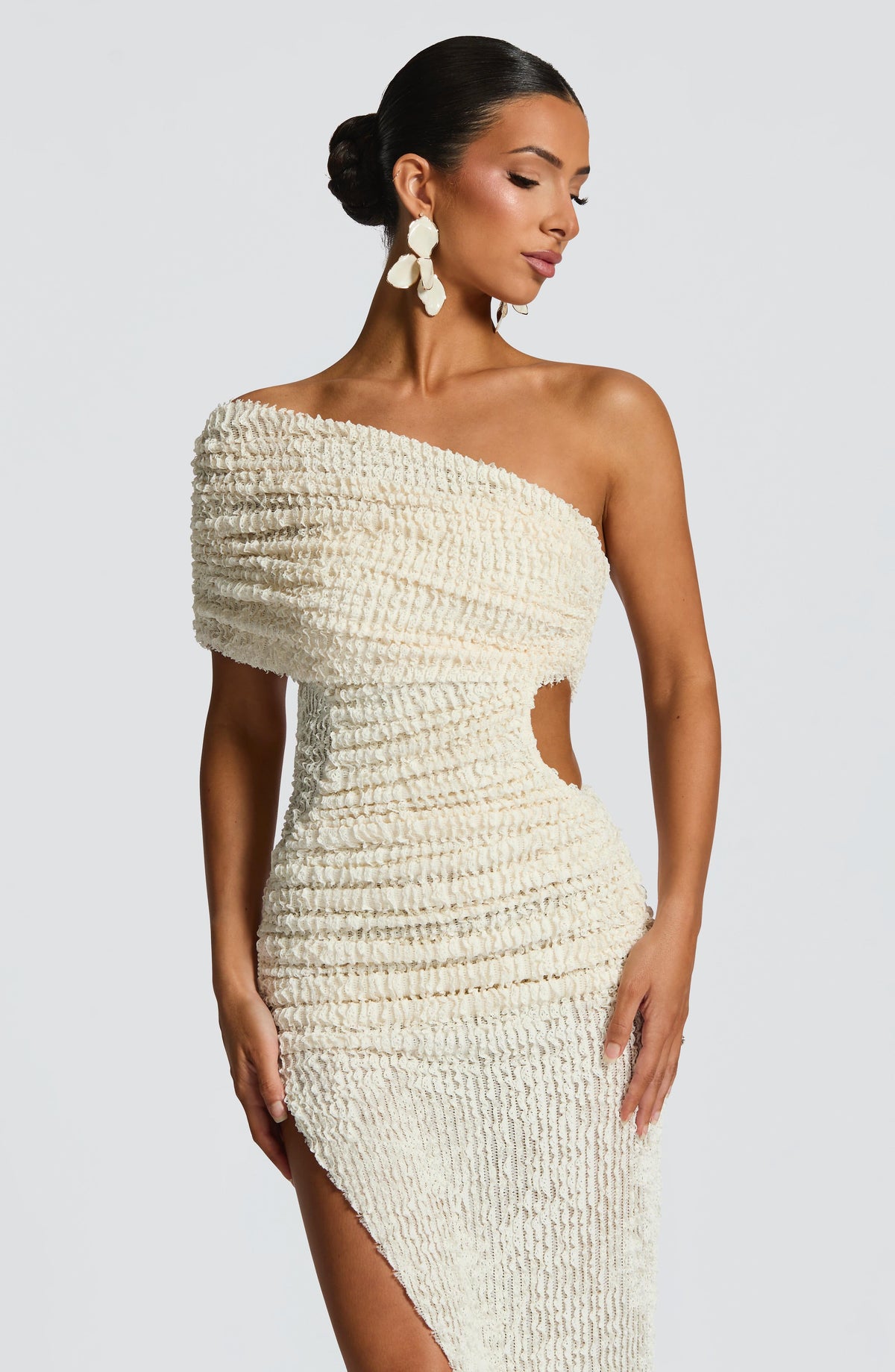 Textured Sequin One Shoulder Ruched High Split Maxi Dress 5