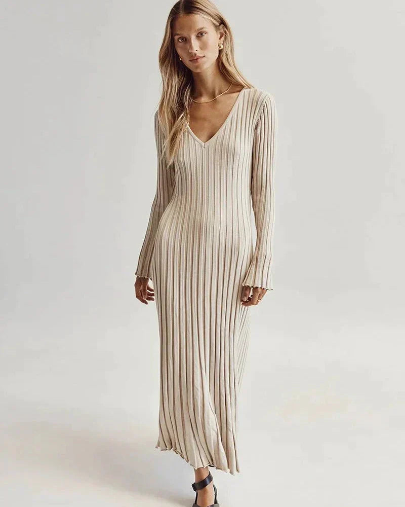 Zaira Long Sleeve Knit Midi Dress with V-neck for Women Modern Outfit