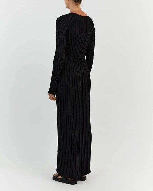 Zaira Long Sleeve Knit Midi Dress with V-neck for Women Modern Outfit
