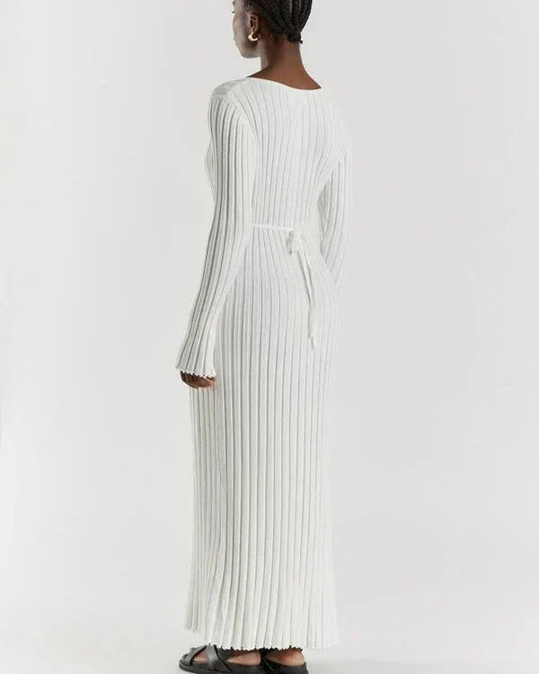 Zaira Long Sleeve Knit Midi Dress with V-neck for Women Modern Outfit