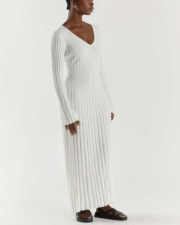 Zaira Long Sleeve Knit Midi Dress with V-neck for Women Modern Outfit