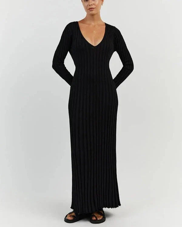 Zaira Long Sleeve Knit Midi Dress with V-neck for Women Modern Outfit