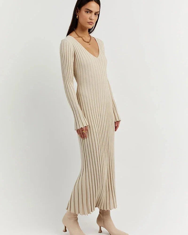 Zaira Long Sleeve Knit Midi Dress with V-neck for Women Modern Outfit