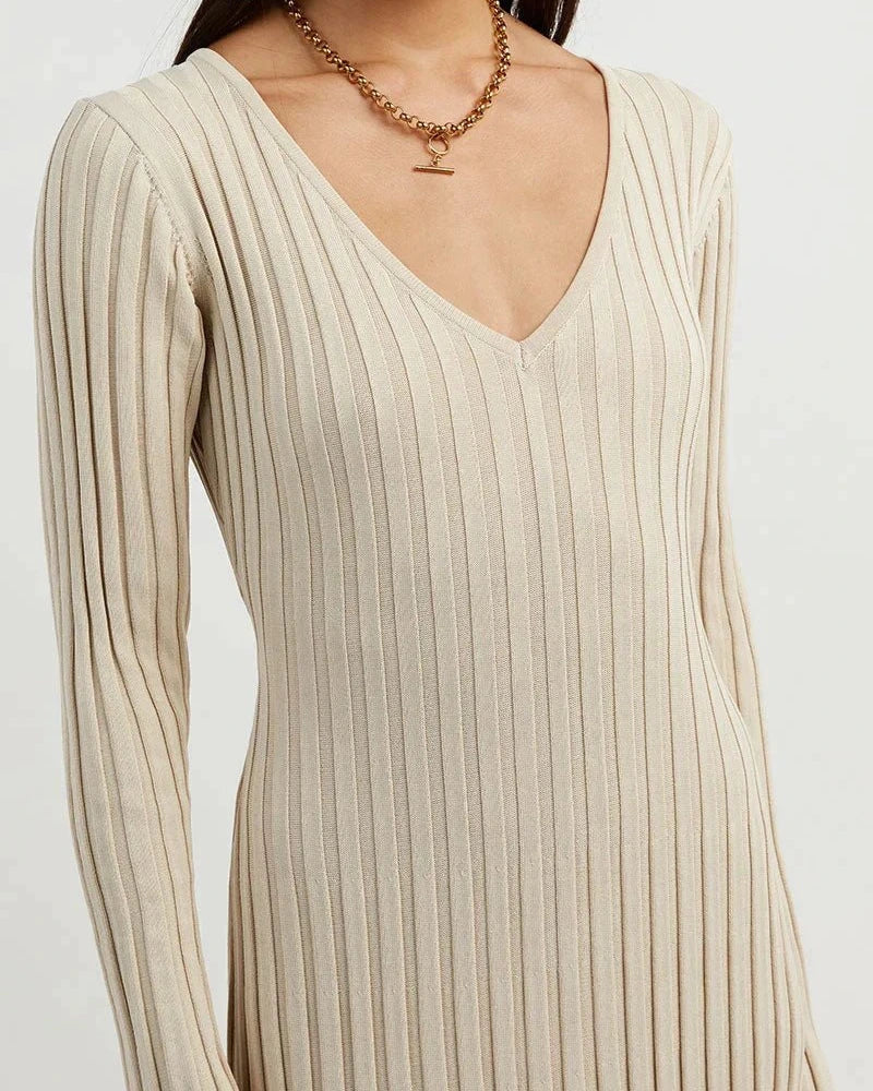 Zaira Long Sleeve Knit Midi Dress with V-neck for Women Modern Outfit