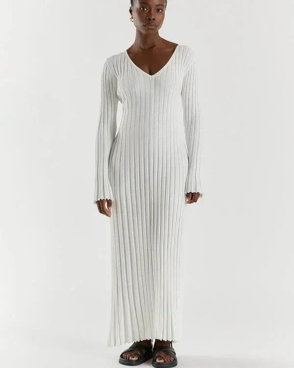 Zaira Long Sleeve Knit Midi Dress with V-neck for Women Modern Outfit