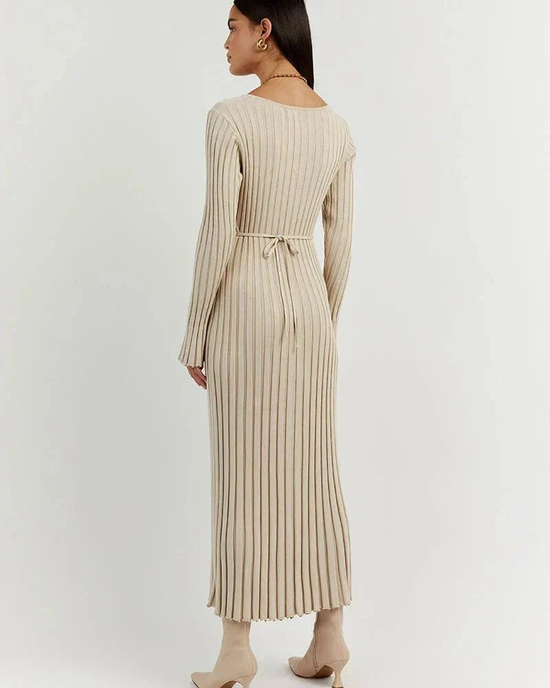 Zaira Long Sleeve Knit Midi Dress with V-neck for Women Modern Outfit