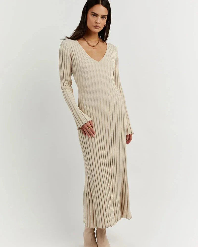 Zaira Long Sleeve Knit Midi Dress with V-neck for Women Modern Outfit