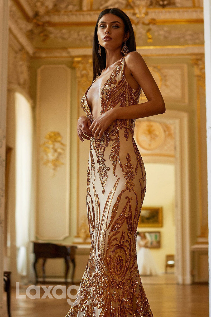 22084 - Sexy Deep V neck Sequins Appliques Mermaid Long Formal Prom Dress