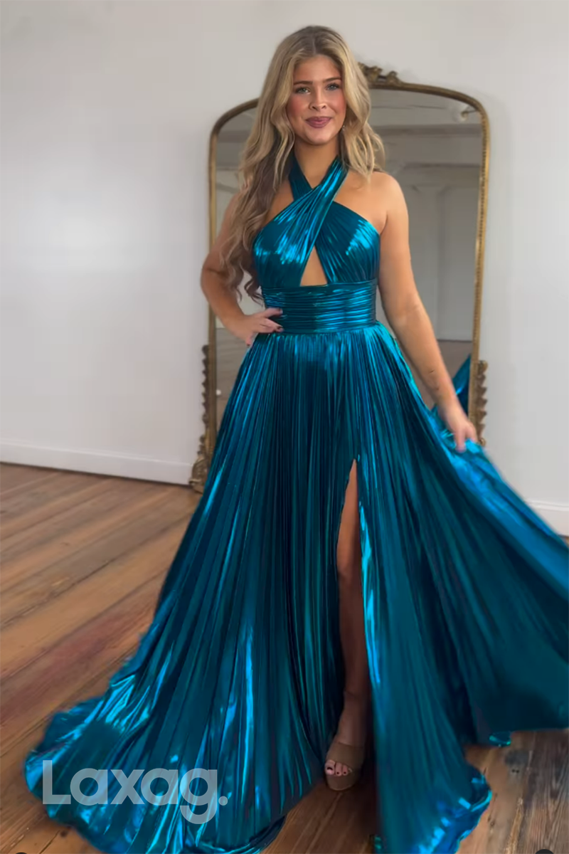 21944 - Chic Halter Ruched Long Blue Formal Prom Dress with Slit