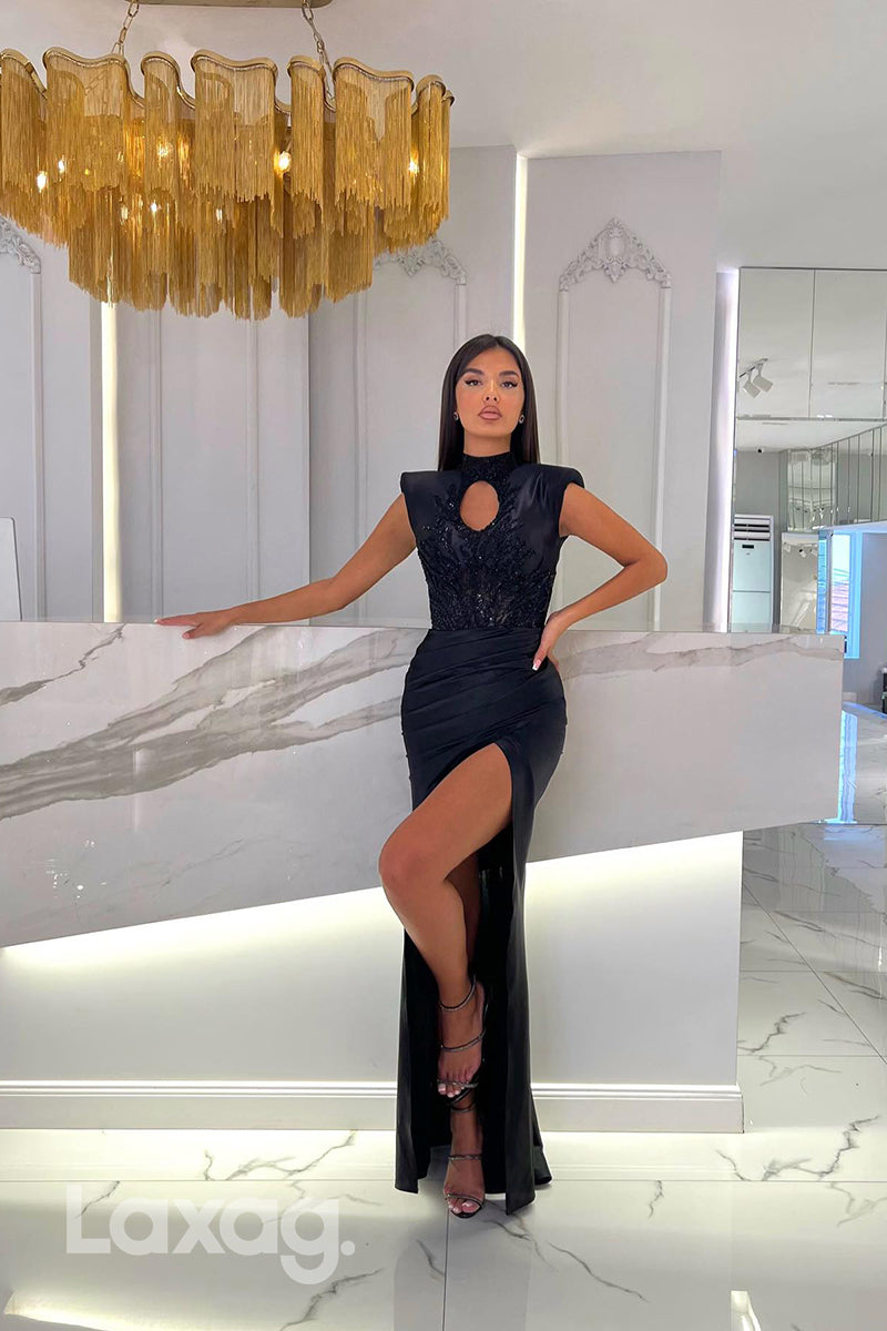 19701 - Unique High Neck Cap Sleeves Beads Black Mermaid Formal Evening Dress