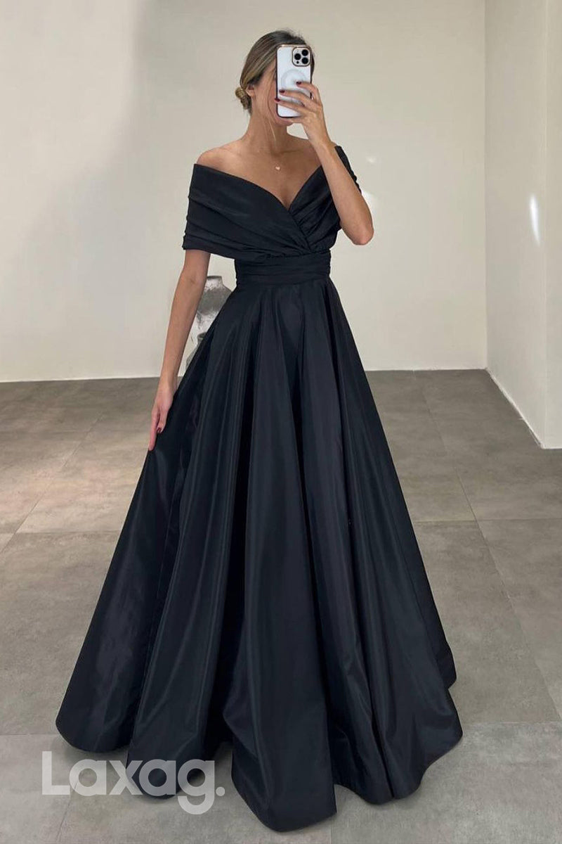 22045 - A line Off Shoulder Ruched Long Formal Evening Dress