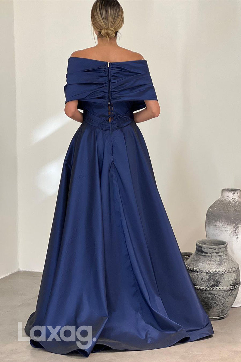 22045 - A line Off Shoulder Ruched Long Formal Evening Dress