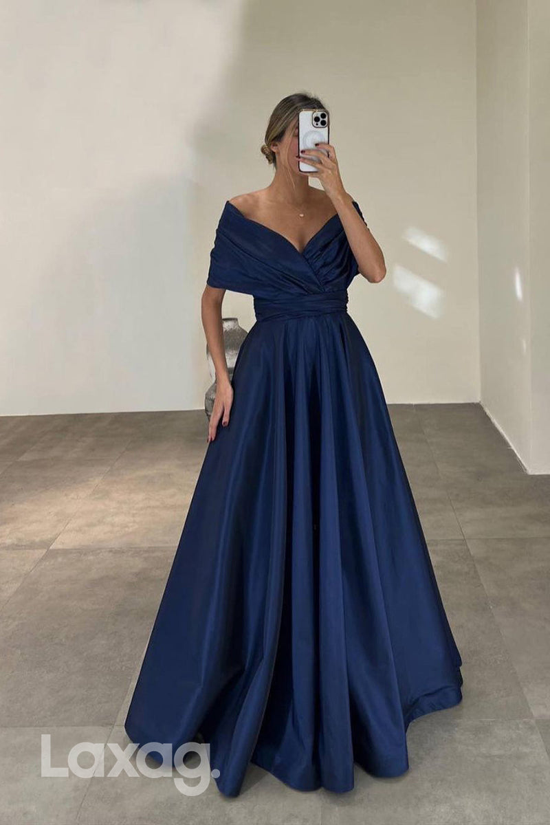 22045 - A line Off Shoulder Ruched Long Formal Evening Dress