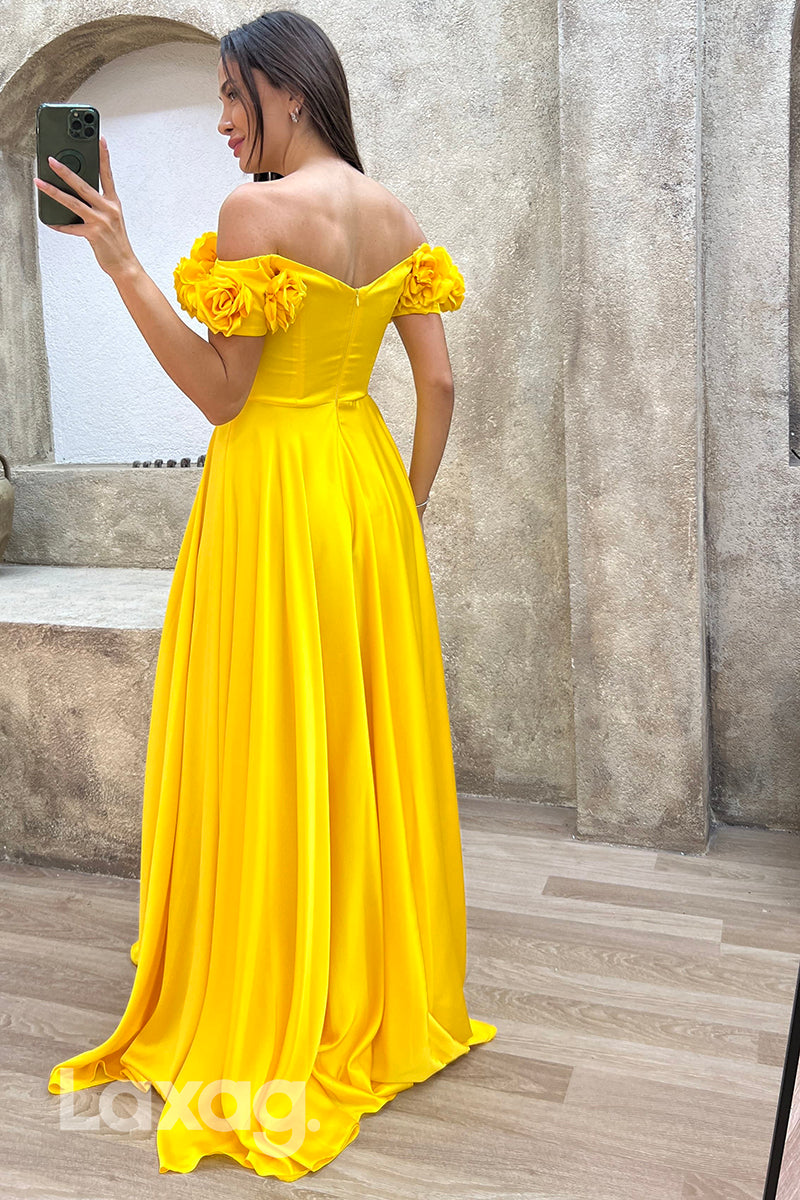 22071 - A Line Off Shoulder Flowers Long Formal Prom Dress