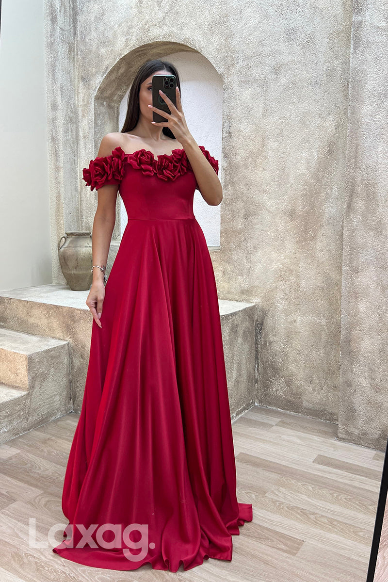 22071 - A Line Off Shoulder Flowers Long Formal Prom Dress