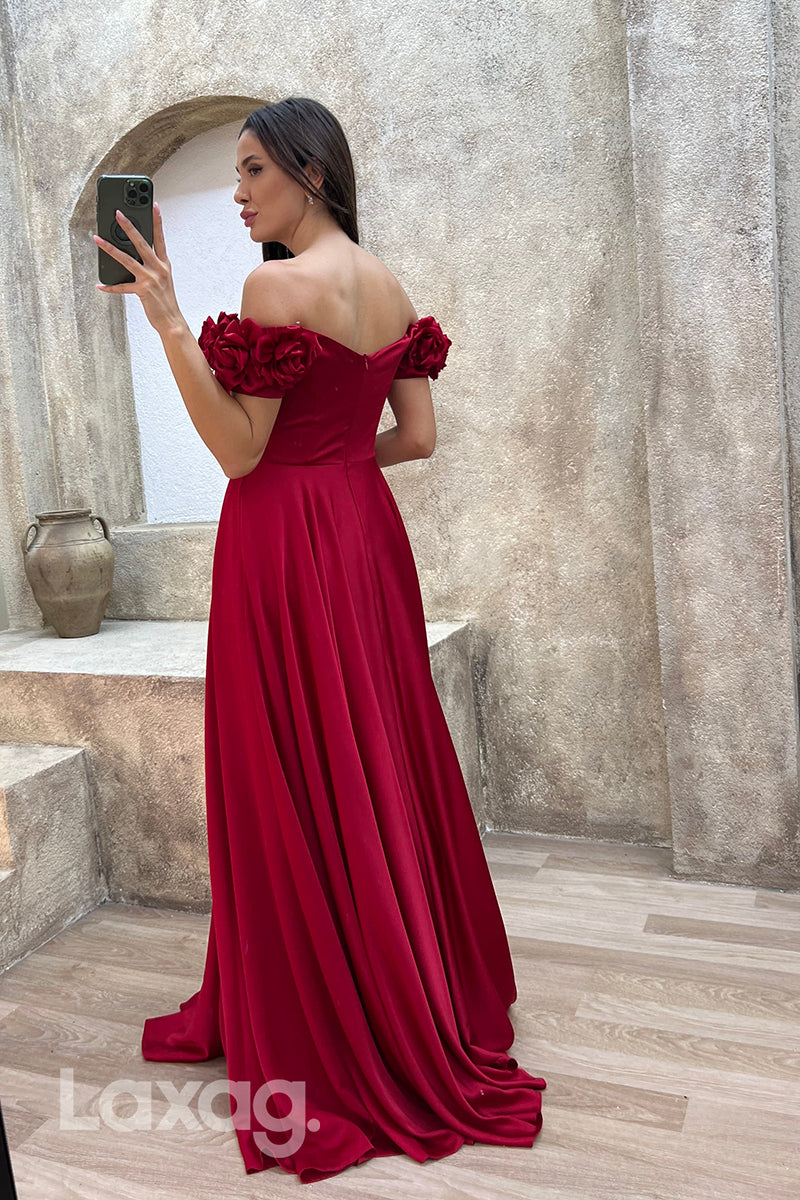 22071 - A Line Off Shoulder Flowers Long Formal Prom Dress