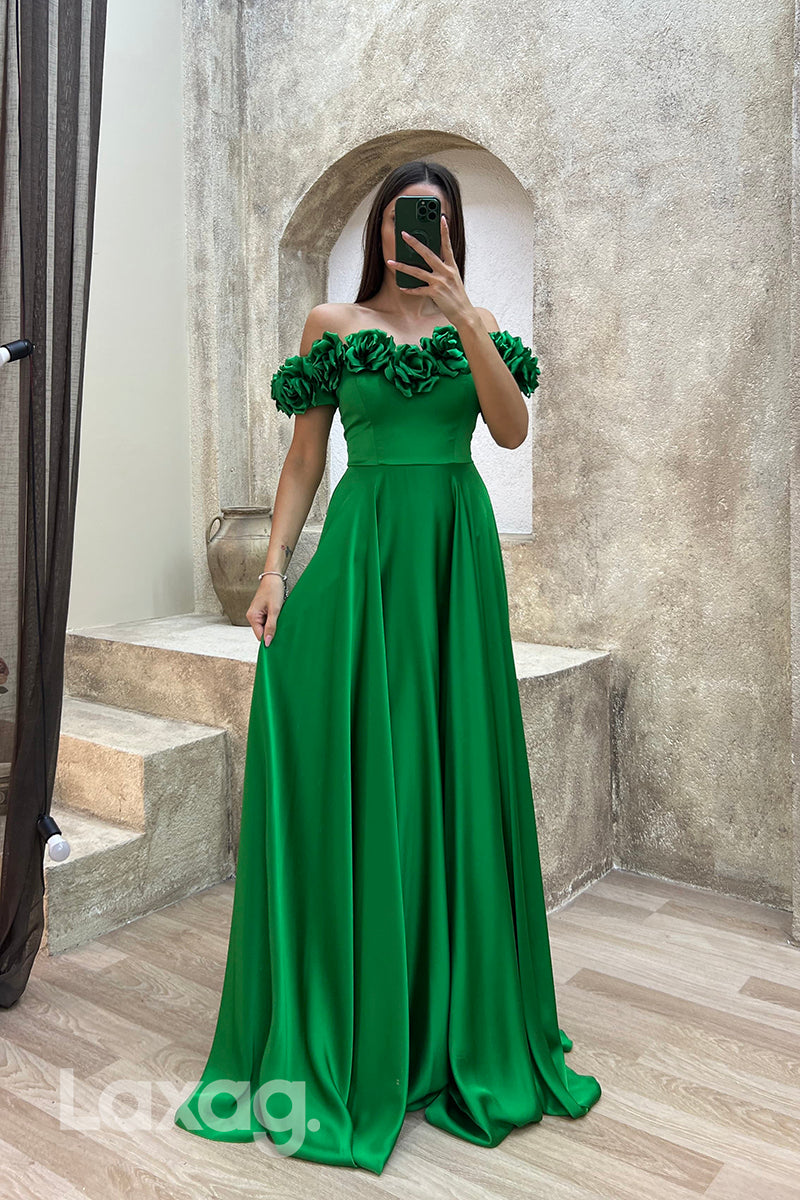 22071 - A Line Off Shoulder Flowers Long Formal Prom Dress