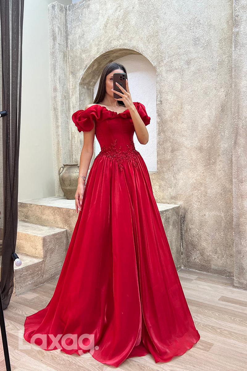 22070 - A Line Off Shoulder Appliques Long Formal Prom Dress