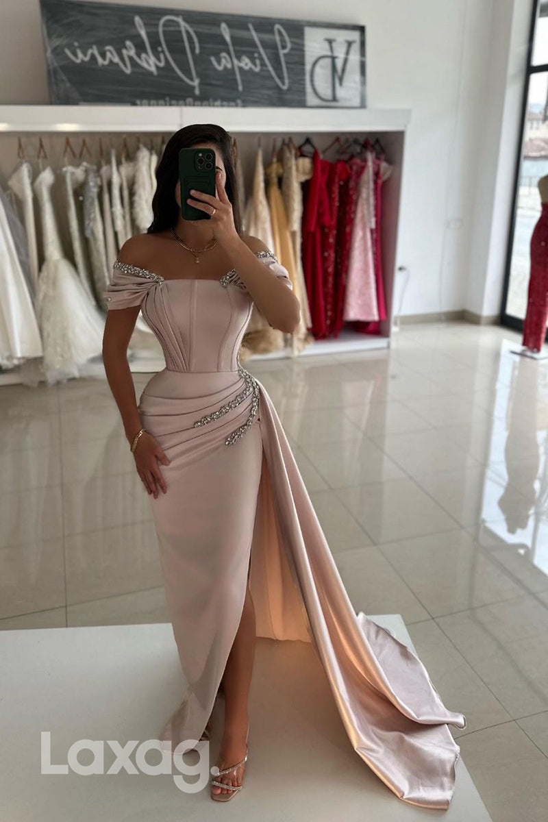 14782 - Off the Shoulder Satin Ruched Beads Mermaid Formal Prom Dress with Slit