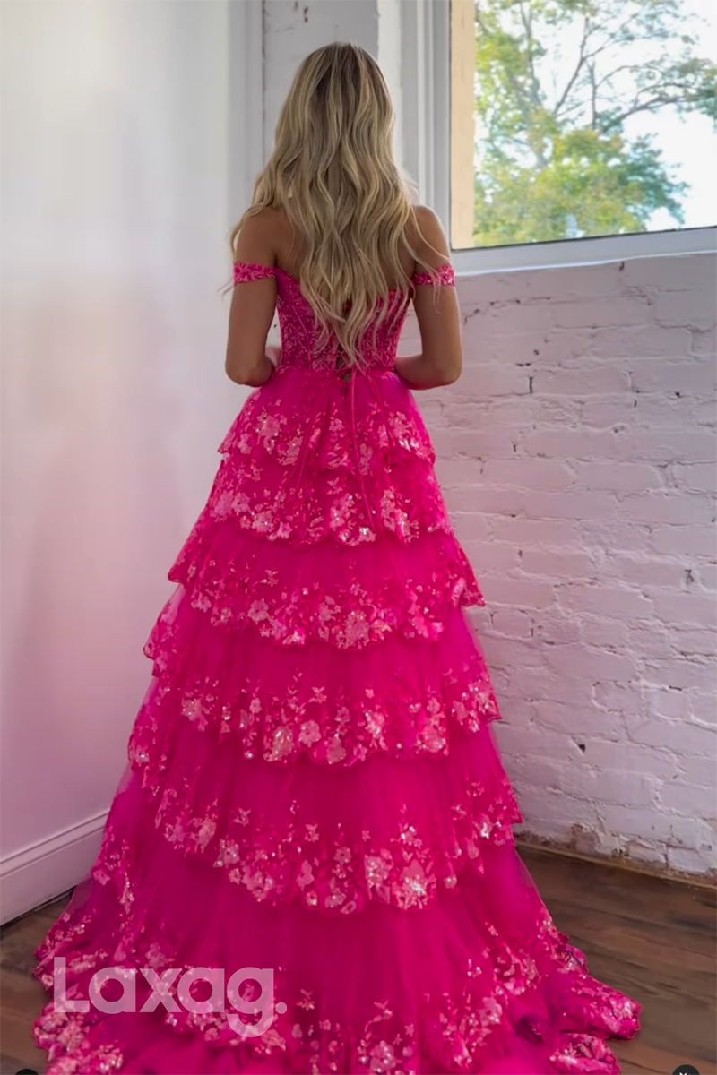 22059 - A Line Off Shoulder Sequins Lace Pink Long Semi Formal Prom Dress
