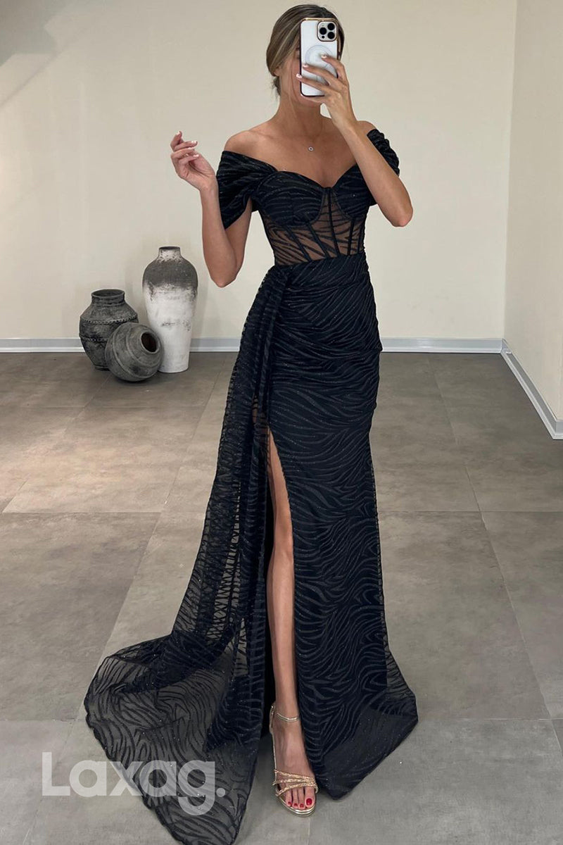 22047 - Off Shoulder Sparkly Long Formal Prom Dress with Slit
