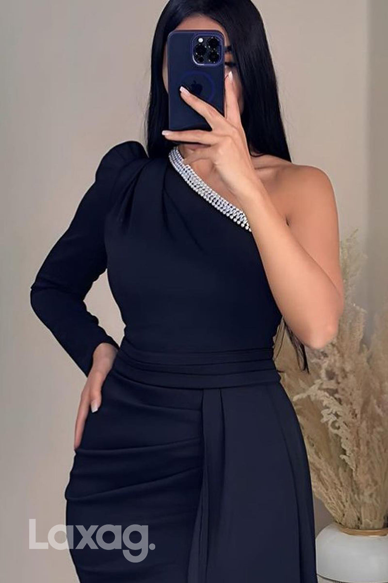 21941 - One Shoulder Beads Long Sleeves Mermaid Formal Evening Gowns