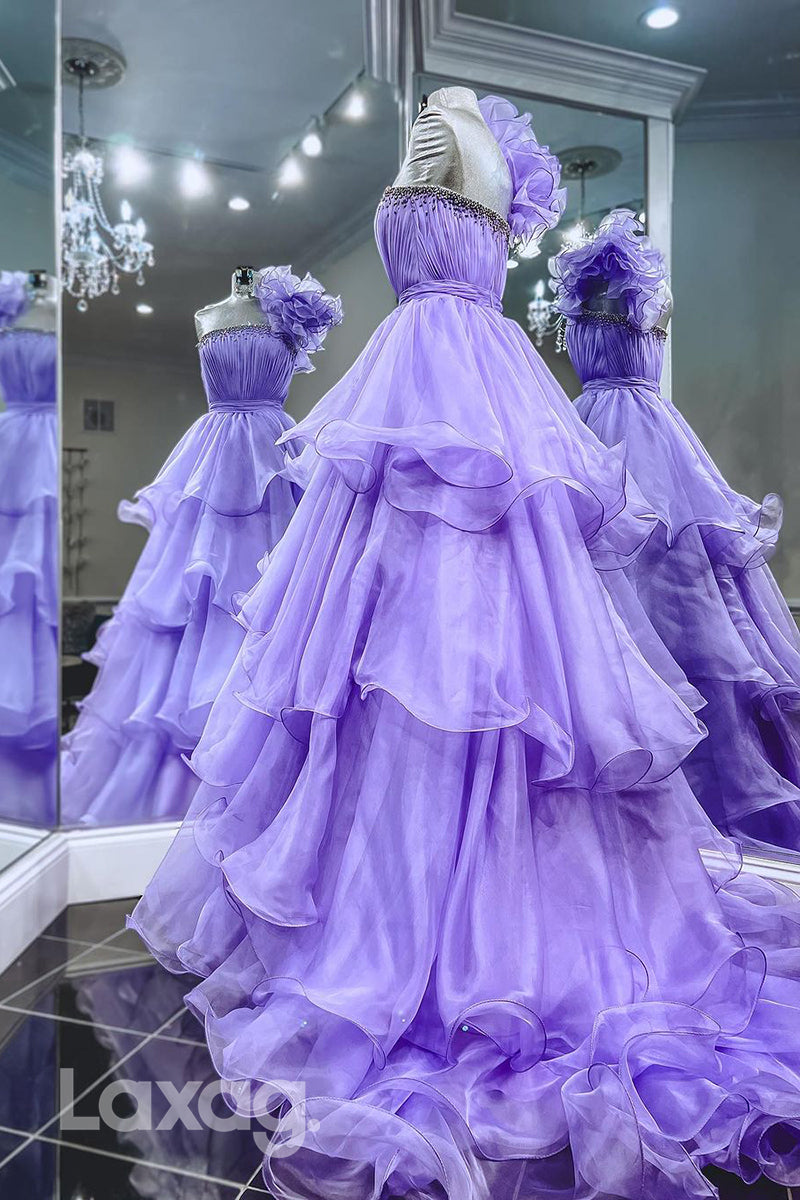 22005 - A Line One Shoulder Ruffles Long Semi Formal Prom Dress