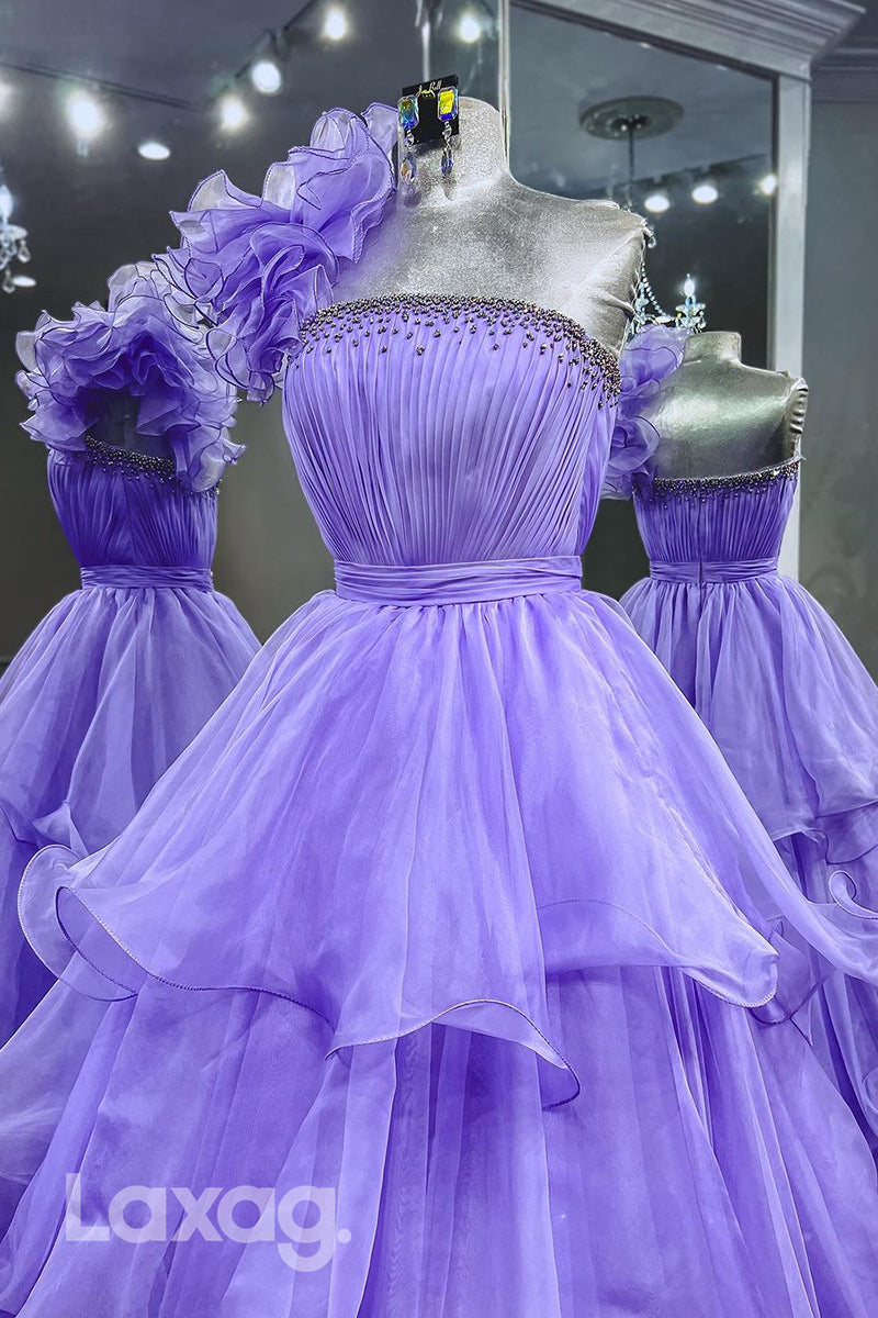 22005 - A Line One Shoulder Ruffles Long Semi Formal Prom Dress