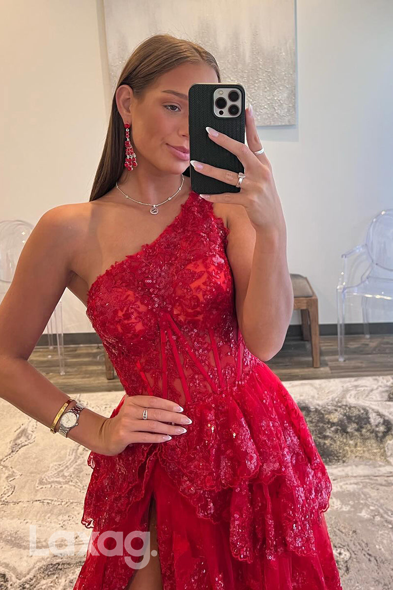 22052 - One Shoulder Lace Appliques A Line Long Formal Prom Dress with Slit